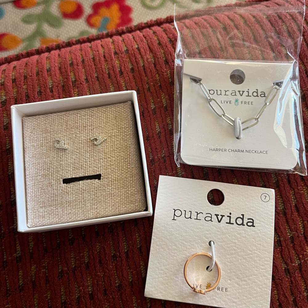 Pura Vida Silver Necklace and Rose Gold Ring, Wave earrings